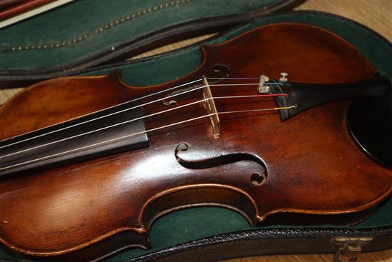 A late 19th / early 20th century Boosey & Co full size violin, cased with 2 bows